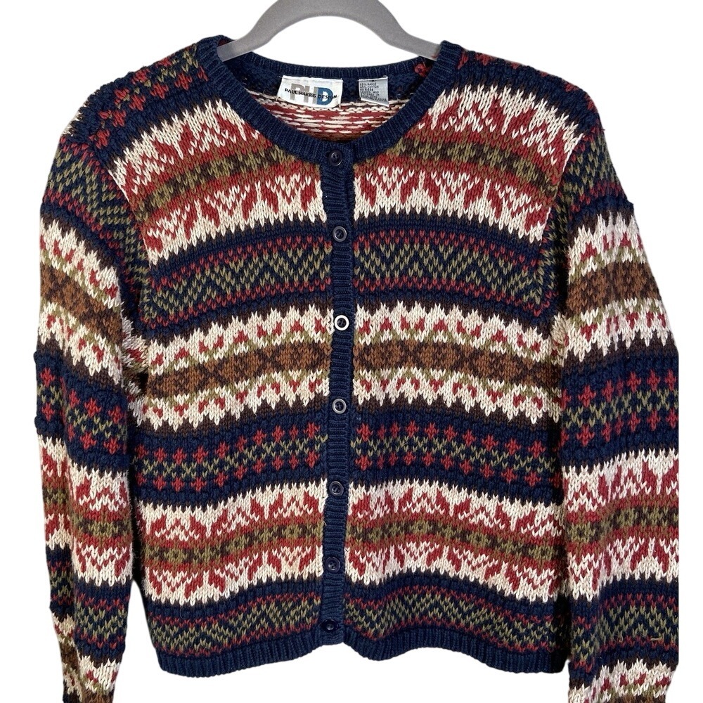 Paul Harris Design Fair Isle Cardigan Sweater Ramie Cotton Button Front S